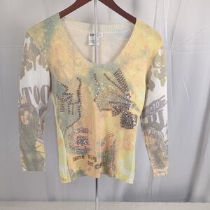 Love Amour Yellow and Cream Embellished Graphic Knit Top